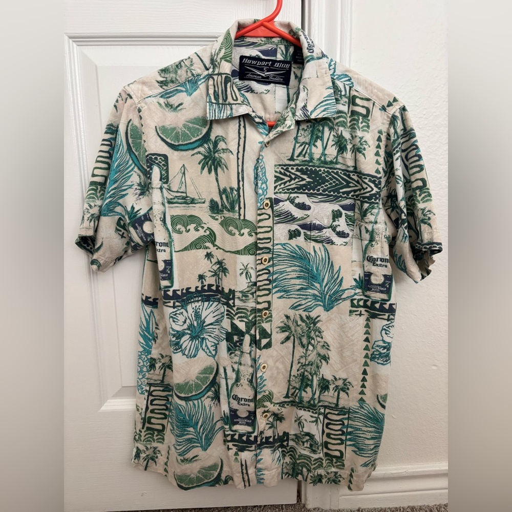 Men’s Button-Up Shirt with Tropical Corona and Lime Print Size Small